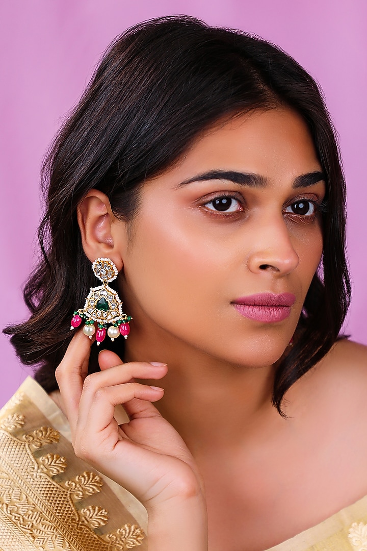 Matte Gold Plated Ruby & Emerald Stone Dangler Earrings by Riana Jewellery at Pernia's Pop Up Shop