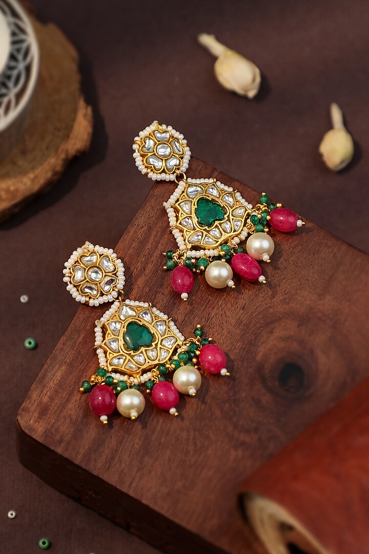 Matte Gold Plated Ruby & Emerald Stone Dangler Earrings by Riana Jewellery at Pernia's Pop Up Shop