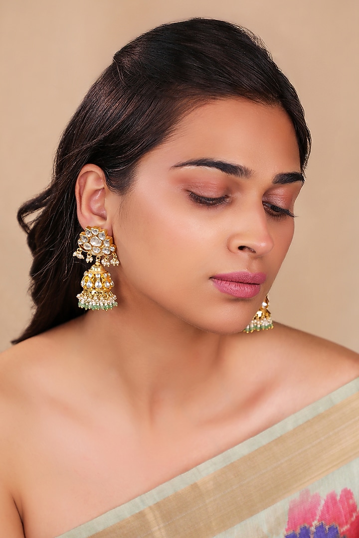 Matte Gold Plated Jadtar Stone Jadau Floral Jhumka Earrings by Riana Jewellery at Pernia's Pop Up Shop