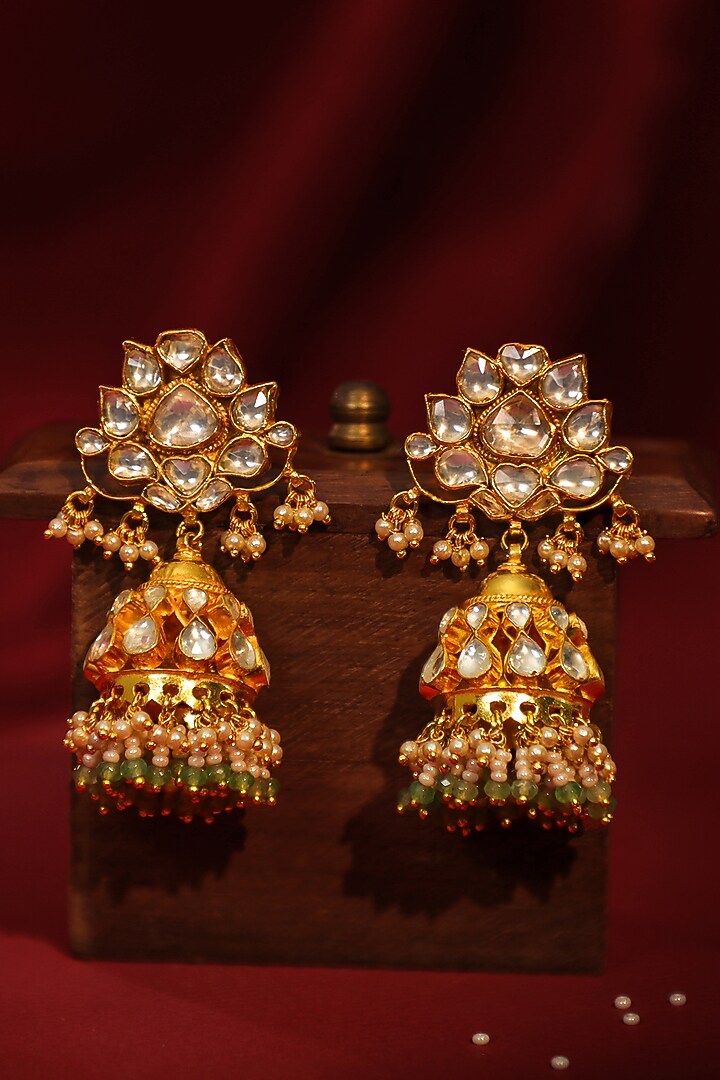 Matte Gold Plated Jadtar Stone Jadau Floral Jhumka Earrings by Riana Jewellery at Pernia's Pop Up Shop