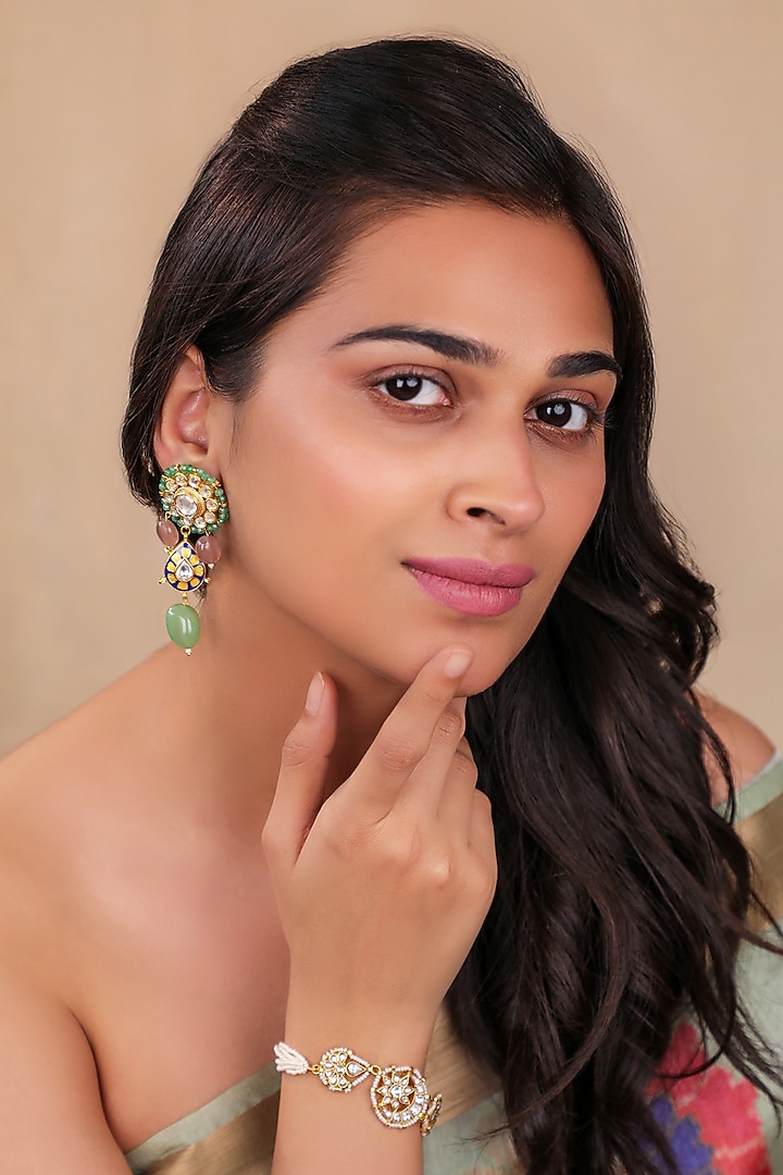 Matte Gold Plated Green Drop Dangler Earrings by Riana Jewellery at Pernia's Pop Up Shop