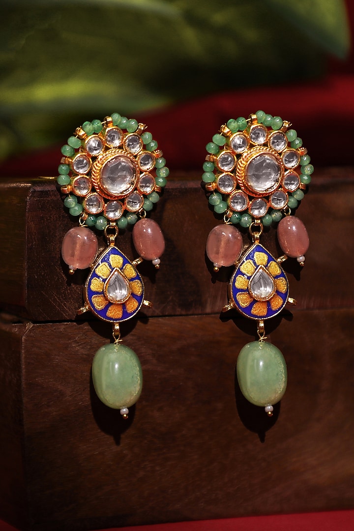 Matte Gold Plated Green Drop Dangler Earrings by Riana Jewellery at Pernia's Pop Up Shop