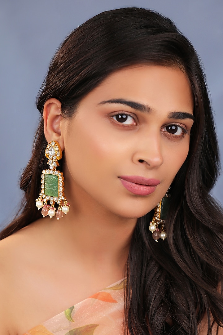 Matte Gold Plated Pink Drop Handcrafted Dangler Earrings by Riana Jewellery at Pernia's Pop Up Shop