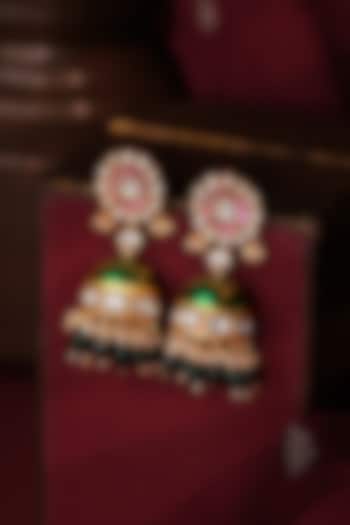 Matte Gold Plated Ruby Stone Meenkari Floral Jhumka Earrings by Riana Jewellery at Pernia's Pop Up Shop