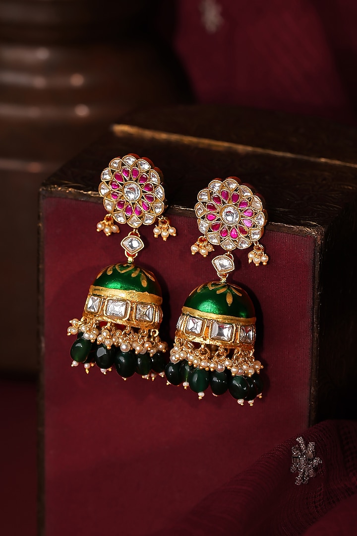 Matte Gold Plated Ruby Stone Meenkari Floral Jhumka Earrings by Riana Jewellery at Pernia's Pop Up Shop