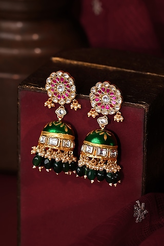 Matte Gold Plated Ruby Stone Meenkari Floral Jhumka Earrings by Riana Jewellery