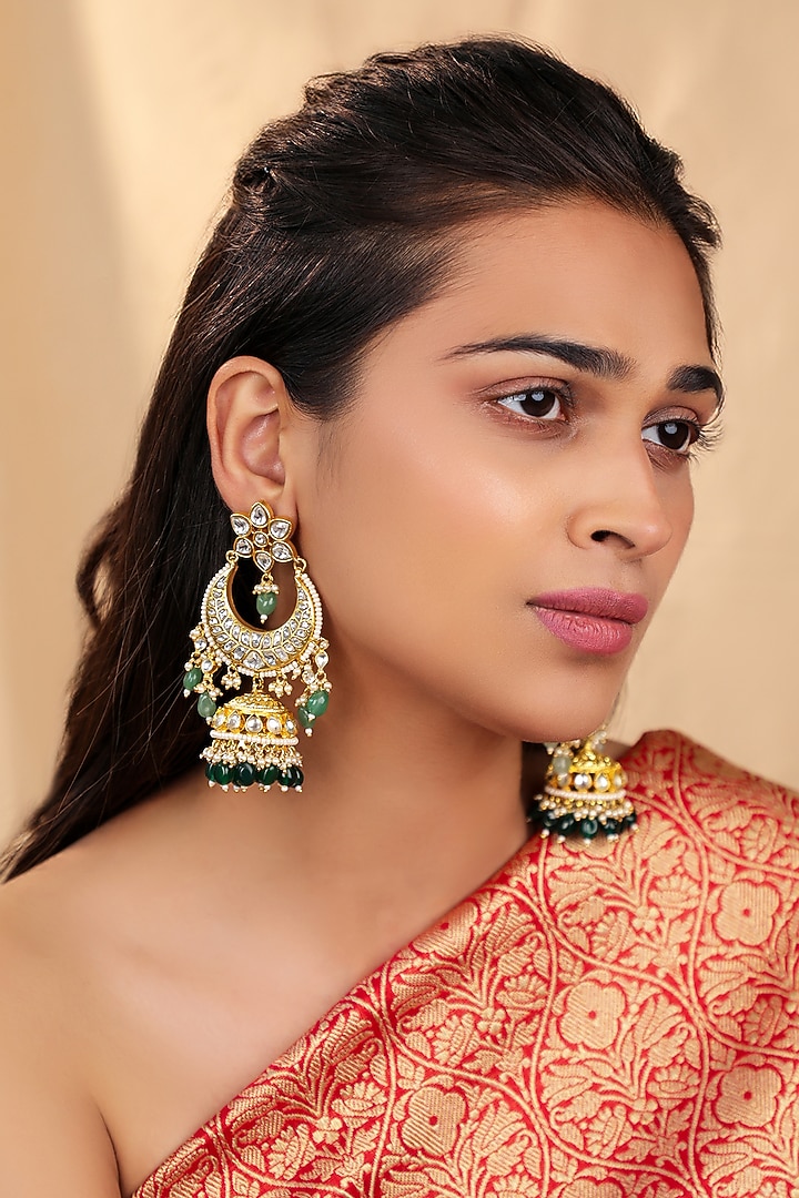 Matte Gold Plated Emerald Floral Drop Chandbali Earrings by Riana Jewellery at Pernia's Pop Up Shop