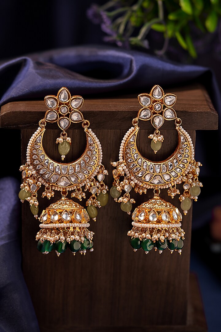 Matte Gold Plated Emerald Floral Drop Chandbali Earrings by Riana Jewellery at Pernia's Pop Up Shop
