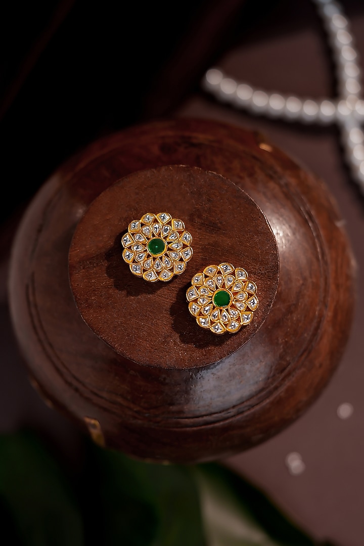 Matte Gold Plated Jadau Kundan Polki Floral Stud Earrings by Riana Jewellery at Pernia's Pop Up Shop