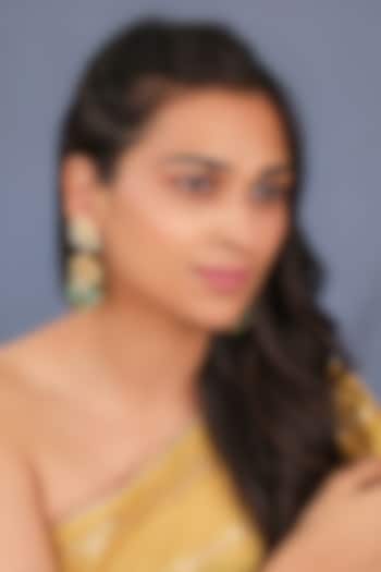 Matte Gold Plated Green Jadtar Stone & Pearl Floral Dangler Earrings by Riana Jewellery at Pernia's Pop Up Shop