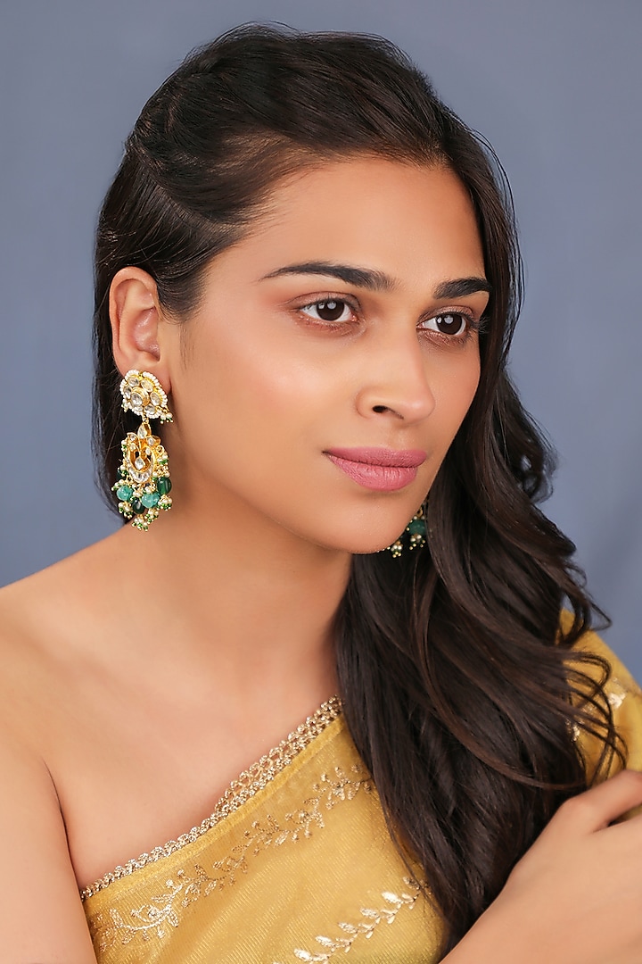 Matte Gold Plated Green Jadtar Stone & Pearl Floral Dangler Earrings by Riana Jewellery at Pernia's Pop Up Shop