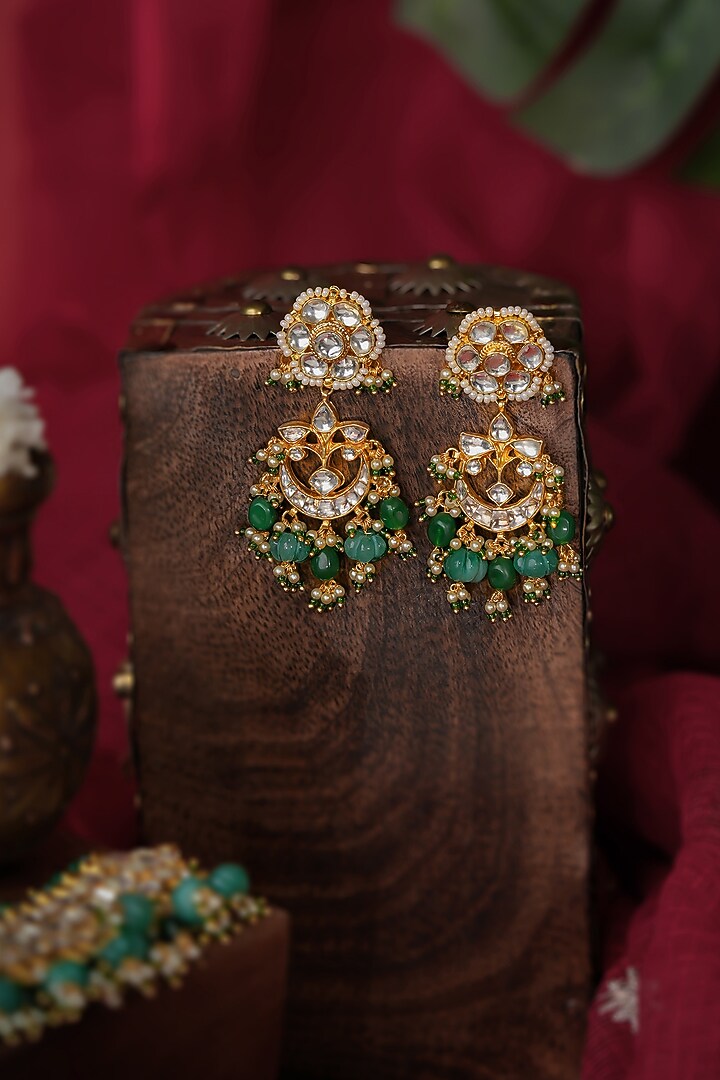 Matte Gold Plated Green Jadtar Stone & Pearl Floral Dangler Earrings by Riana Jewellery at Pernia's Pop Up Shop