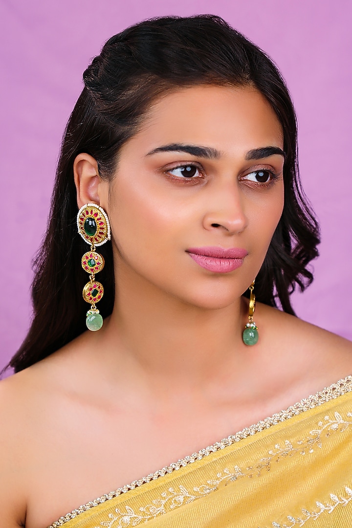 Matte Gold Plated Emerald & Ruby Stone Long 0val-Shaped Earrings by Riana Jewellery at Pernia's Pop Up Shop