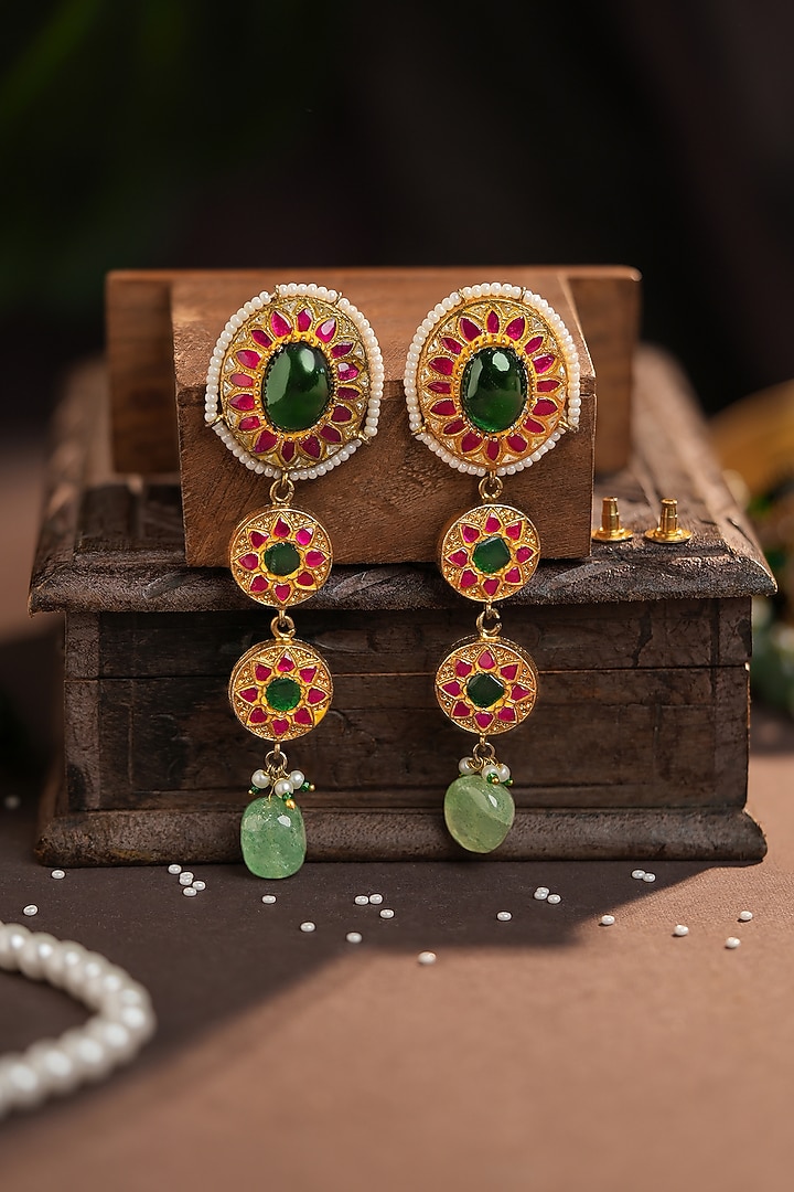Matte Gold Plated Emerald & Ruby Stone Long 0val-Shaped Earrings by Riana Jewellery at Pernia's Pop Up Shop