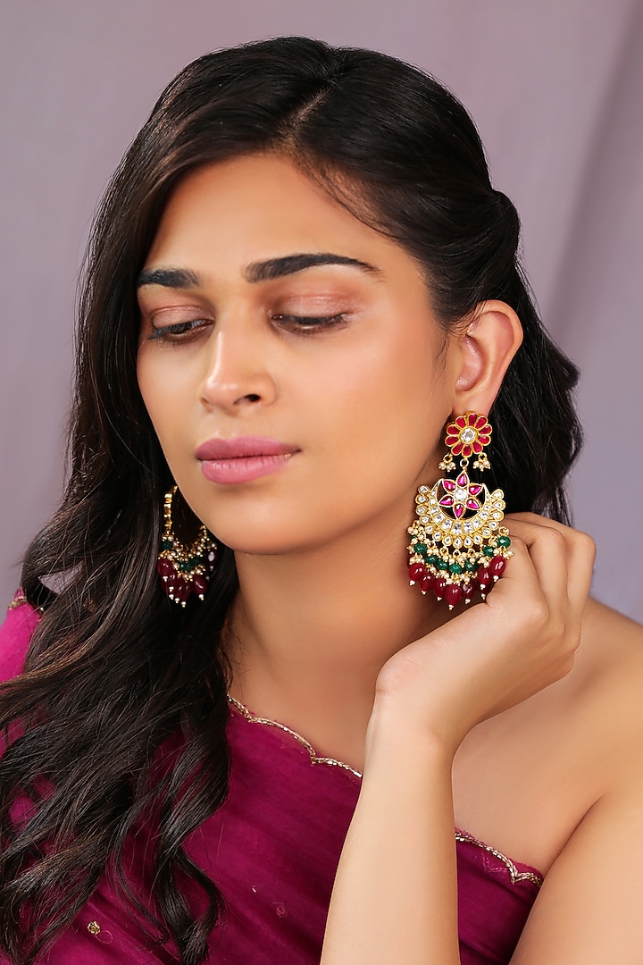 Mate Gold Plated Ruby Beaded Floral Chandbali Earrings by Riana Jewellery at Pernia's Pop Up Shop