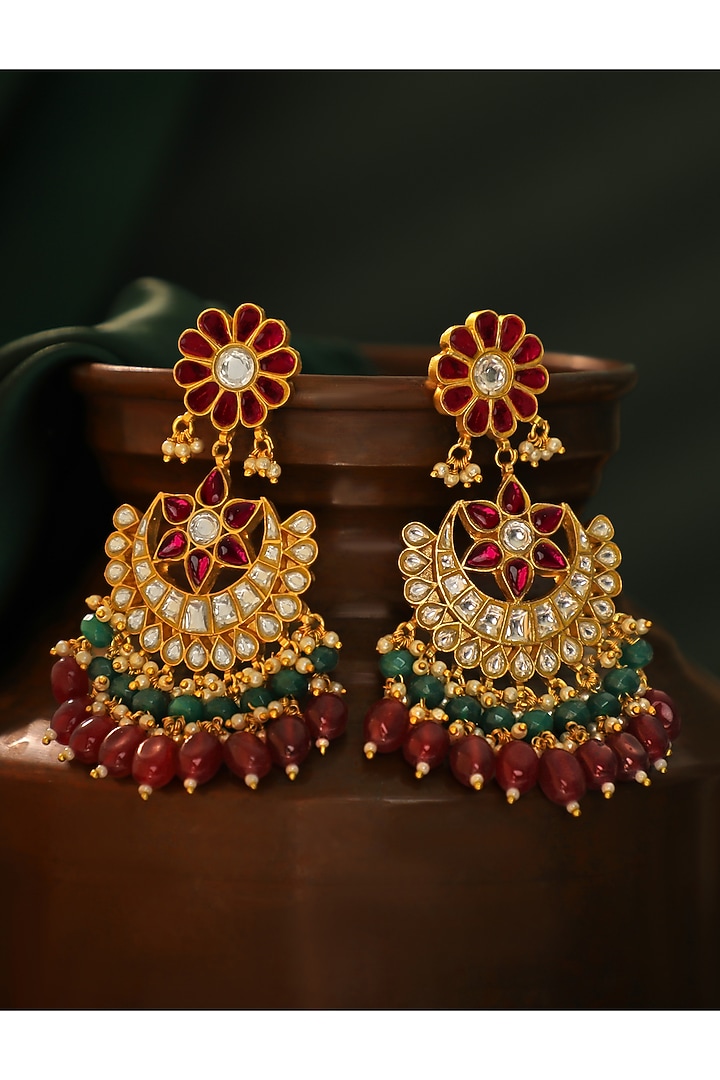 Mate Gold Plated Ruby Beaded Floral Chandbali Earrings by Riana Jewellery at Pernia's Pop Up Shop