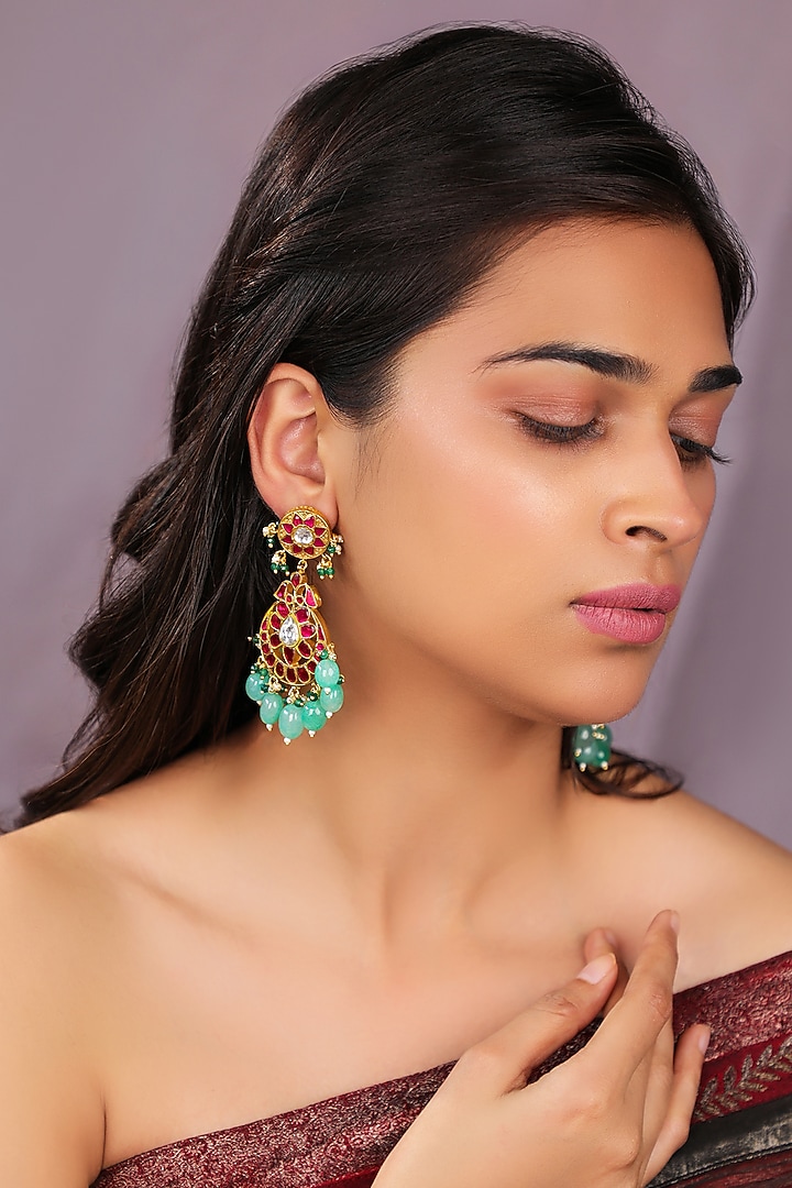 Mate Gold Plated Ruby Stone & Pastel Green Drops Dangler Earrings by Riana Jewellery at Pernia's Pop Up Shop