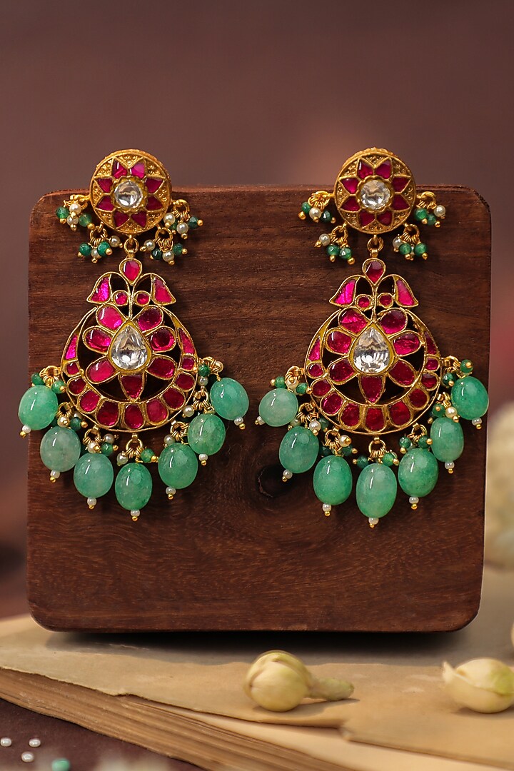 Mate Gold Plated Ruby Stone & Pastel Green Drops Dangler Earrings by Riana Jewellery at Pernia's Pop Up Shop