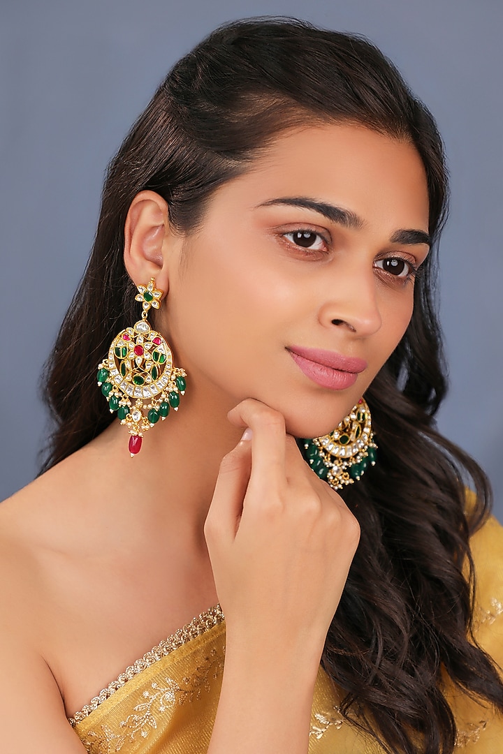 Matte Gold Plated Multi-Colored Jadtar Stone Handcrafted Dangler Earrings by Riana Jewellery at Pernia's Pop Up Shop