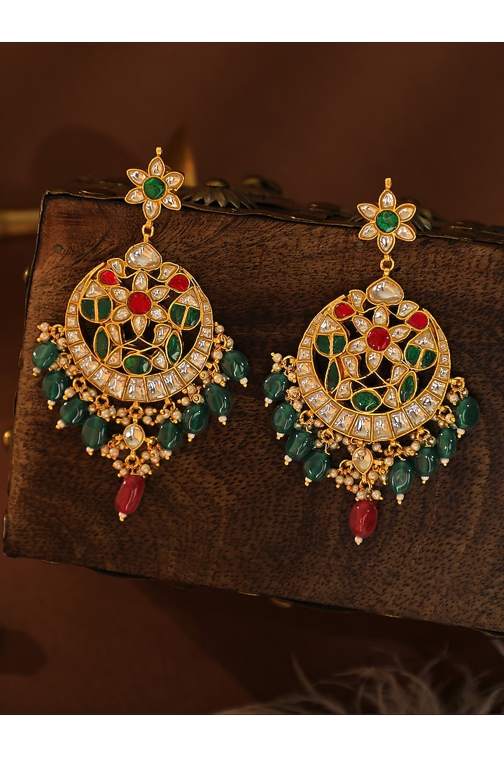 Matte Gold Plated Multi-Colored Jadtar Stone Handcrafted Dangler Earrings by Riana Jewellery at Pernia's Pop Up Shop