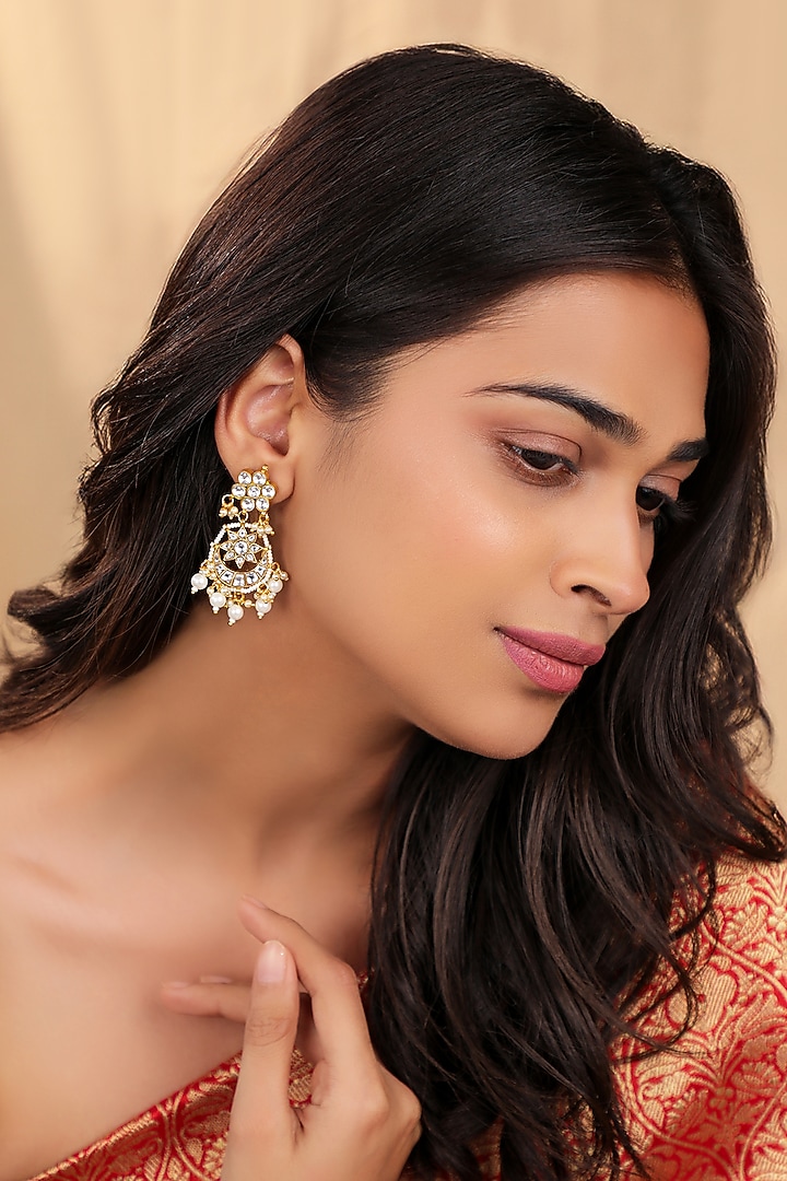Matte Gold Plated Jadtar Stone Jadau Chandbali Earrings by Riana Jewellery at Pernia's Pop Up Shop
