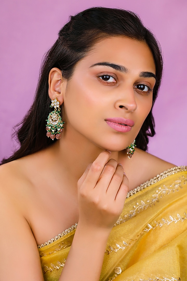 Matte Gold Plated Jadtar Stone & Pink Pearl Chandbali Earrings by Riana Jewellery at Pernia's Pop Up Shop