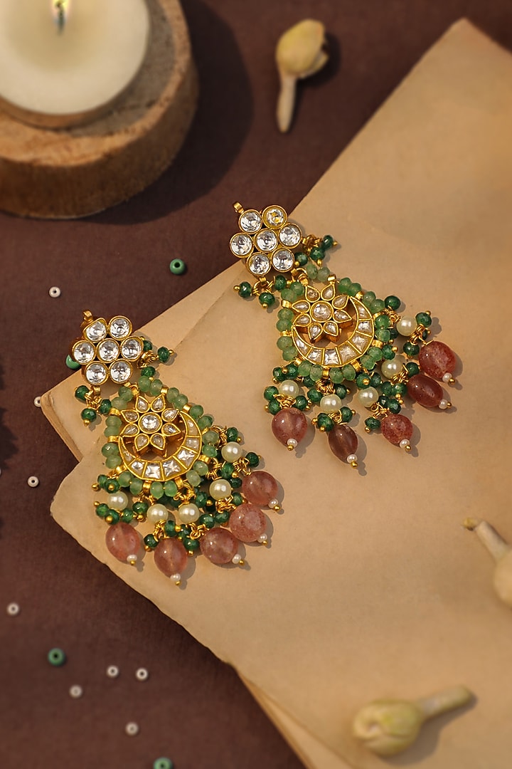 Matte Gold Plated Jadtar Stone & Pink Pearl Chandbali Earrings by Riana Jewellery at Pernia's Pop Up Shop