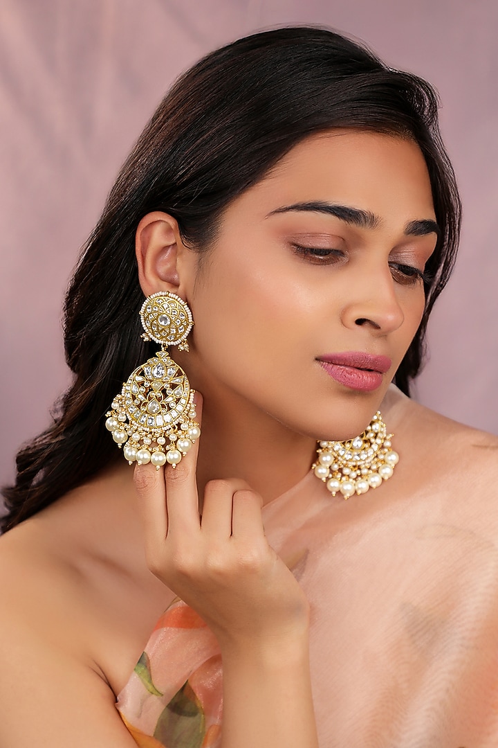 Matte Gold Plated Pearl Drop Chandbali Earrings by Riana Jewellery at Pernia's Pop Up Shop