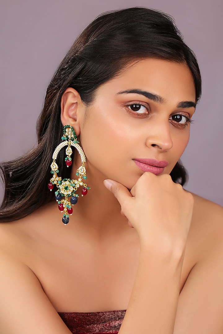Matte Gold Plated Multi-Colored Beaded Dangler Earrings by Riana Jewellery at Pernia's Pop Up Shop