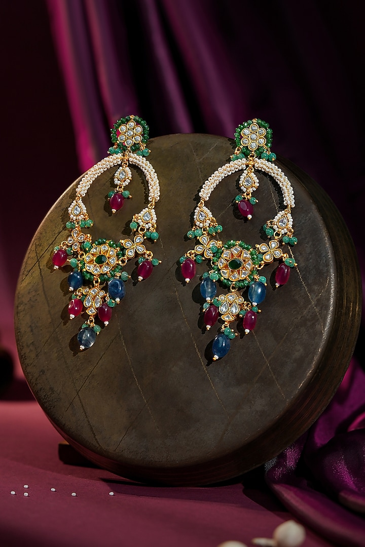 Matte Gold Plated Multi-Colored Beaded Dangler Earrings by Riana Jewellery at Pernia's Pop Up Shop