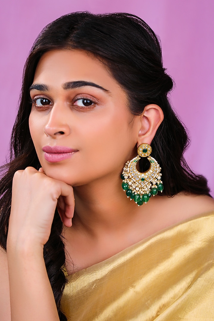 Matte Goold Plated Jadau Emerald Stone & Beaded Dangler Earrings by Riana Jewellery at Pernia's Pop Up Shop