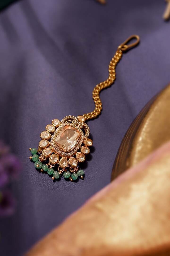 Matte Gold Plated Sea Green Moissanite Polki Maangtikka by Riana Jewellery at Pernia's Pop Up Shop