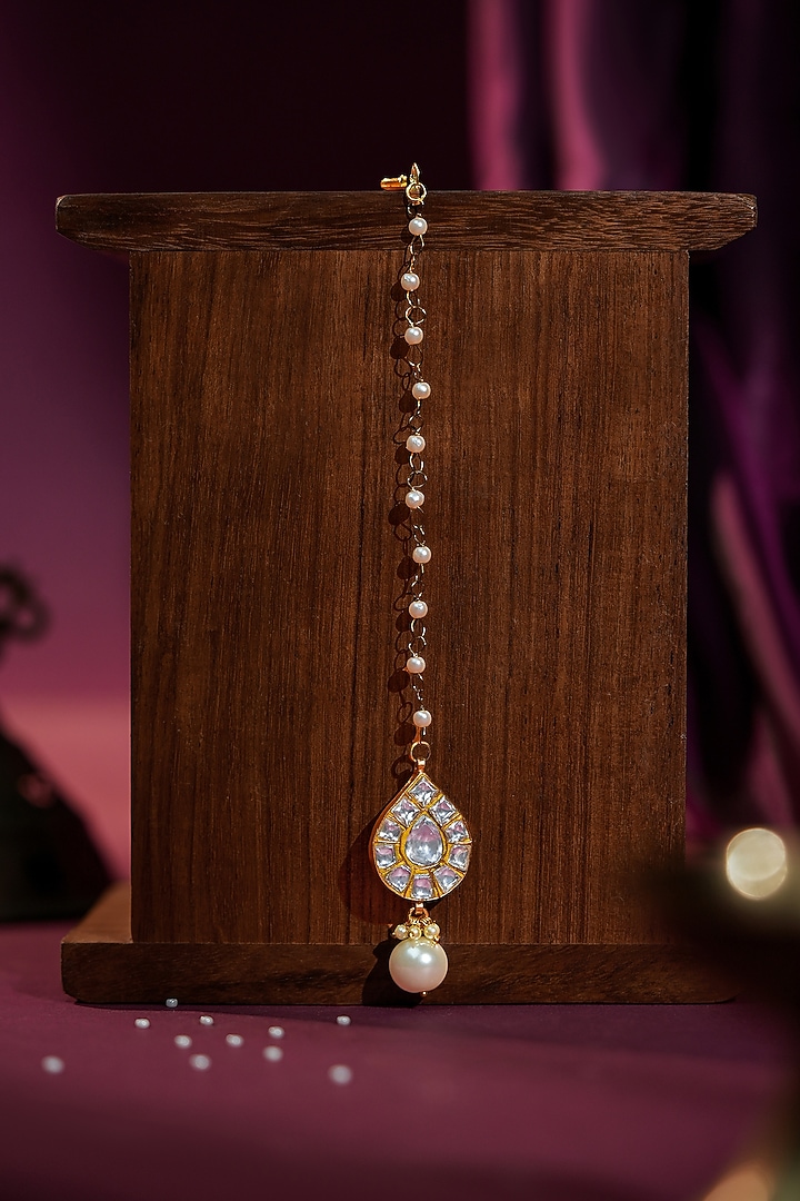 Matte Gold Plated Jadtar Stone Handcrafted Jadau Maangtikka by Riana Jewellery at Pernia's Pop Up Shop