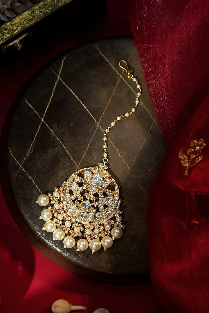 Matte Gold Plated Pearl Maangtikka by Riana Jewellery at Pernia's Pop Up Shop