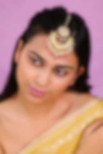 Matte Gold Plated Rose Pink Drop Pan-Shaped Maangtikka by Riana Jewellery at Pernia's Pop Up Shop