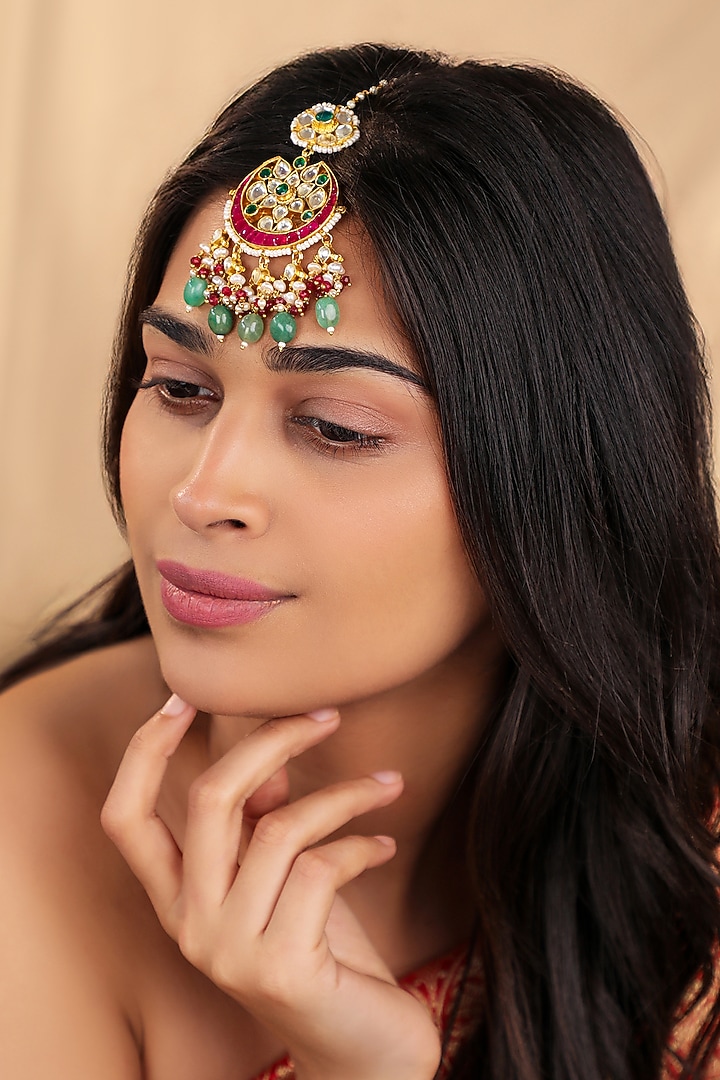 Gold Plated Multi-Colored Beaded Jadau Maangtikka by Riana Jewellery at Pernia's Pop Up Shop