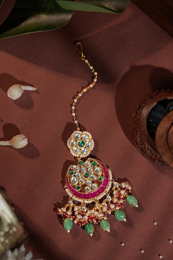 Gold Plated Multi-Colored Beaded Jadau Maangtikka by Riana Jewellery at Pernia's Pop Up Shop