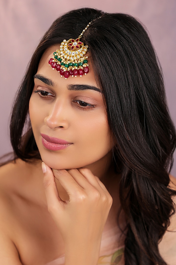 Gold Plated Ruby Pink & Emerald Stone Jadau Maangtikka by Riana Jewellery at Pernia's Pop Up Shop