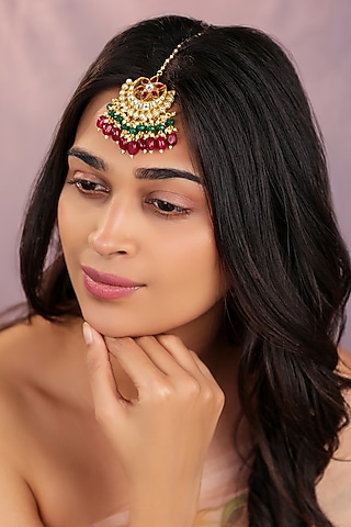 Gold Plated Ruby Pink & Emerald Stone Jadau Maangtikka by Riana Jewellery