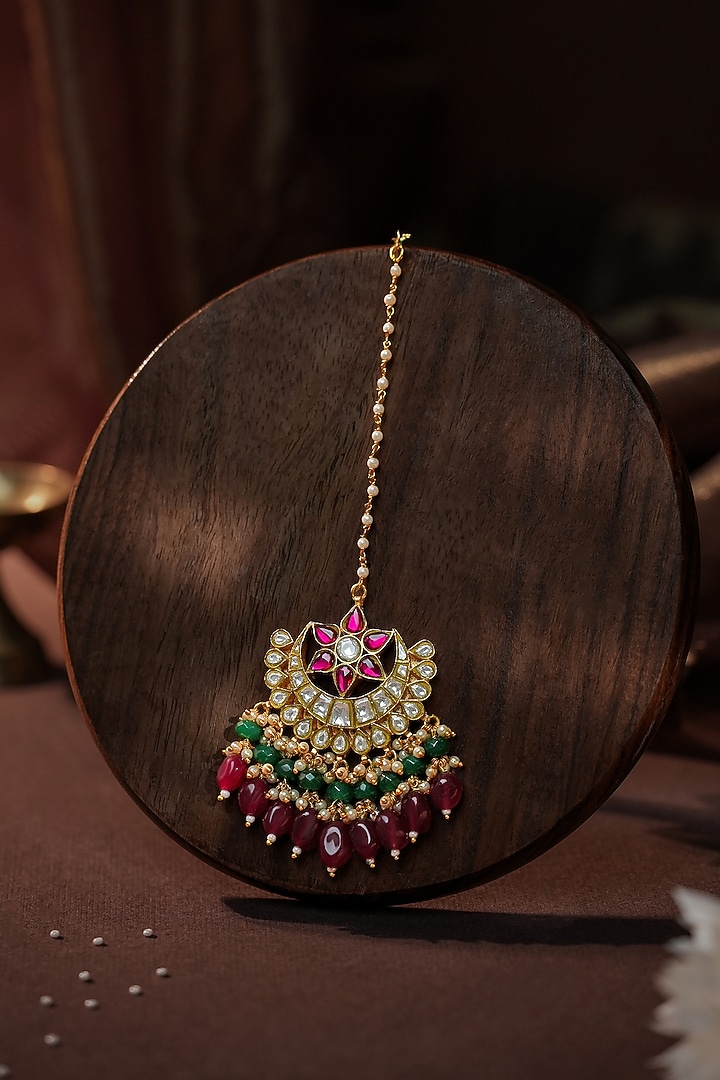 Gold Plated Ruby Pink & Emerald Stone Jadau Maangtikka by Riana Jewellery at Pernia's Pop Up Shop