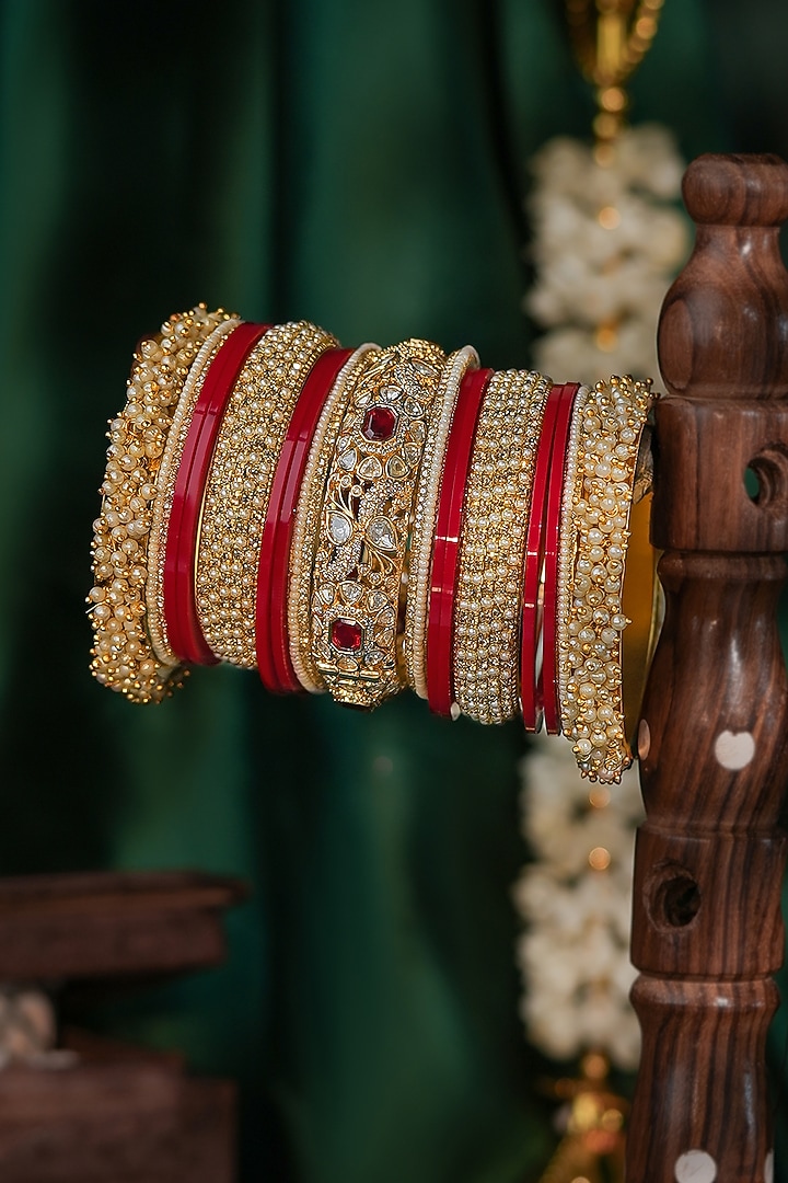 Matte Gold Plated Pearl Bangles (Set Of 21) by Riana Jewellery at Pernia's Pop Up Shop