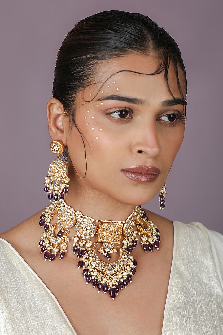 Gold Plated Jadtar Purple Drop Necklace Set by Riana Jewellery at Pernia's Pop Up Shop