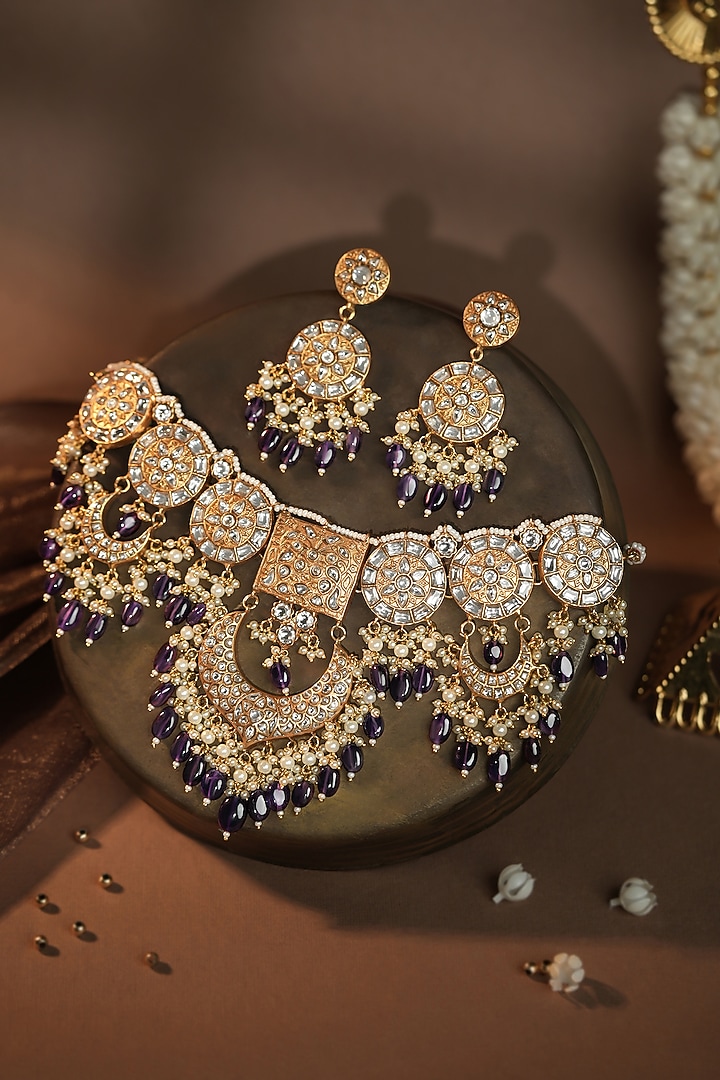 Gold Plated Jadtar Purple Drop Necklace Set by Riana Jewellery at Pernia's Pop Up Shop