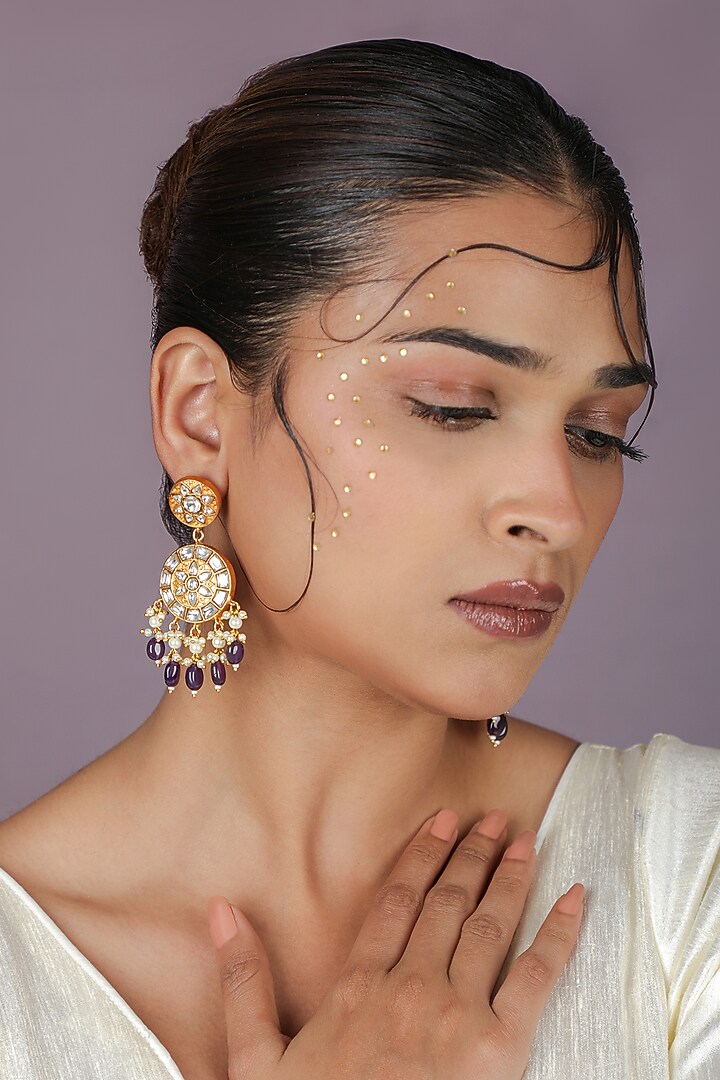 Gold Plated Jadtar Purple Drop Necklace Set by Riana Jewellery at Pernia's Pop Up Shop