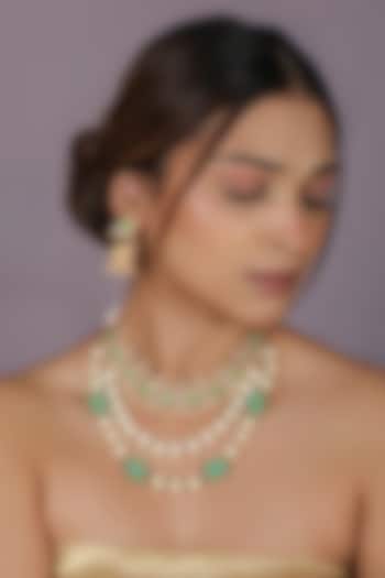 Gold Plated Jadtar Green Beaded & Pearl Long Necklace Set by Riana Jewellery at Pernia's Pop Up Shop