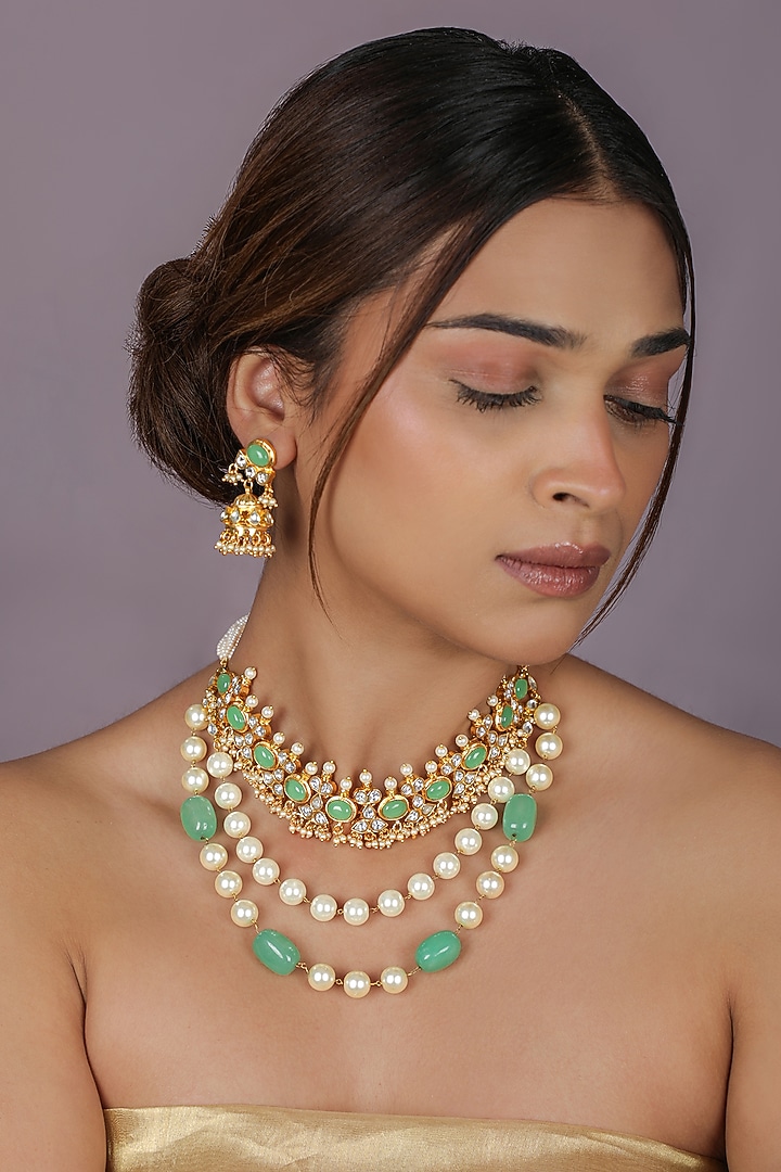Gold Plated Jadtar Green Beaded & Pearl Long Necklace Set by Riana Jewellery at Pernia's Pop Up Shop