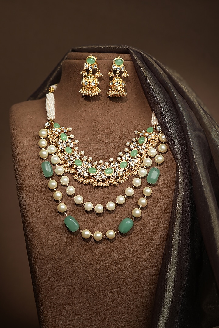 Gold Plated Jadtar Green Beaded & Pearl Long Necklace Set by Riana Jewellery at Pernia's Pop Up Shop