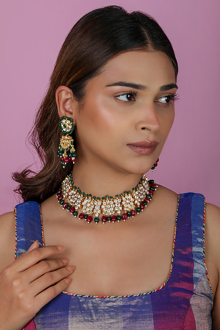 Gold Plated Pink Jadtar Stone & Pearl Choker Necklace Set by Riana Jewellery at Pernia's Pop Up Shop