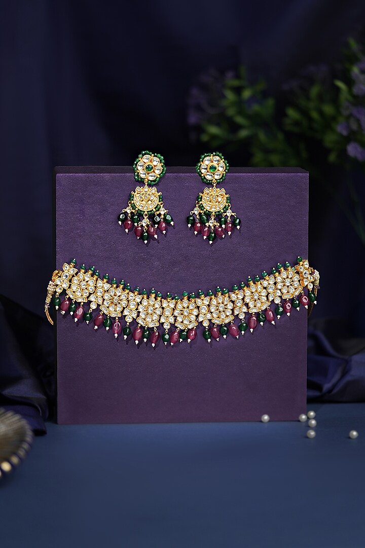 Gold Plated Pink Jadtar Stone & Pearl Choker Necklace Set by Riana Jewellery at Pernia's Pop Up Shop