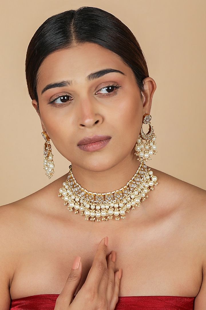 Gold Plated Jadtar Stone & Pearl Layered Choker Necklace Set by Riana Jewellery at Pernia's Pop Up Shop